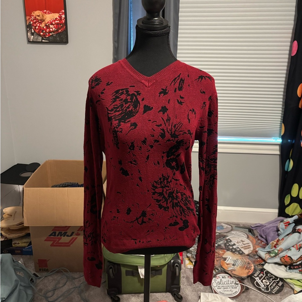 Red and Black V-Neck Sweater with Organic Knit Pattern